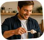 Homem preparando shake com colher medidora na cozinha